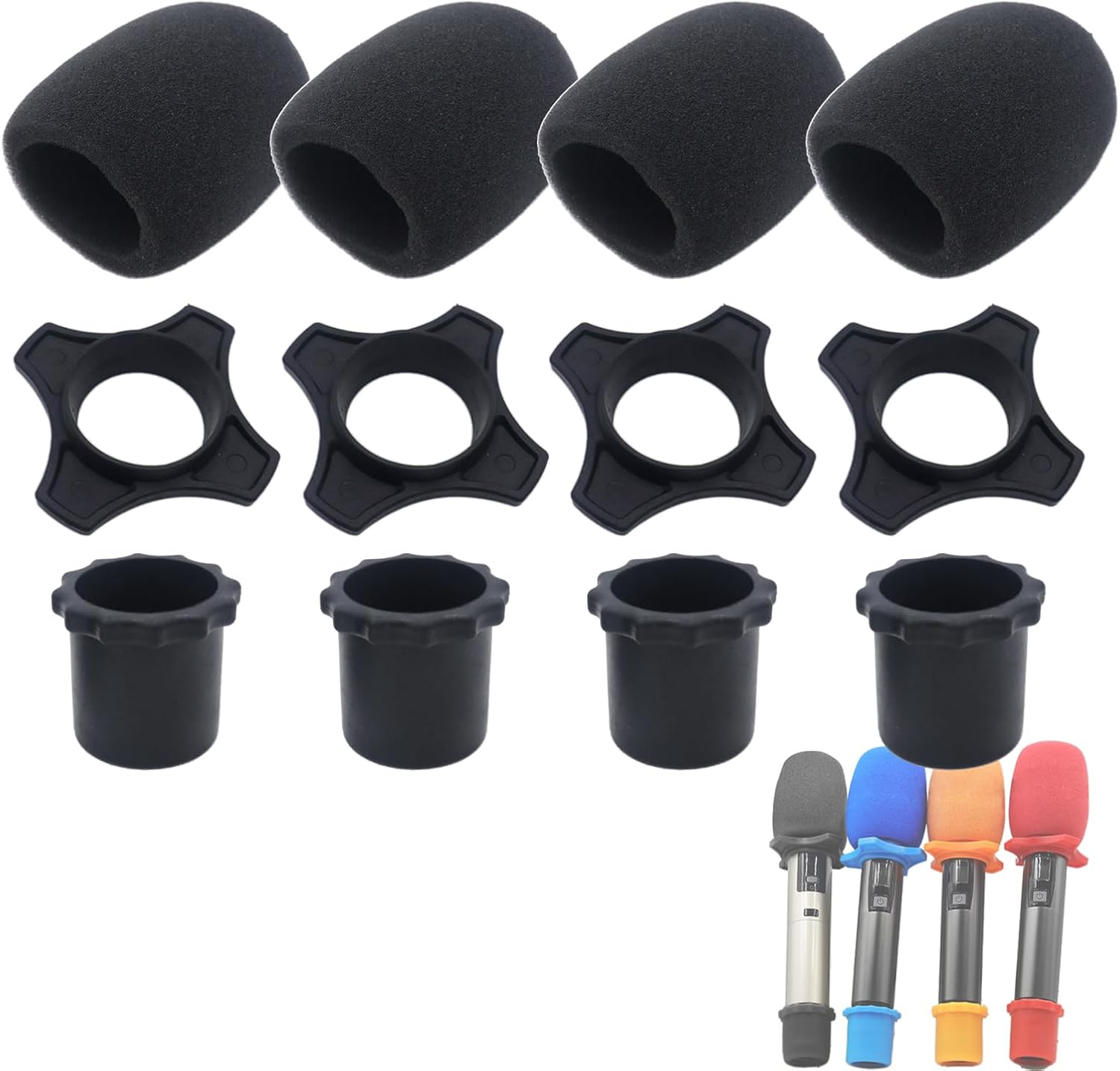 Cheerock 4-Set Black Handheld Mic Protection Kit Silicone Ring Windscreen | anti-roll drop guard, ktv karaoke
