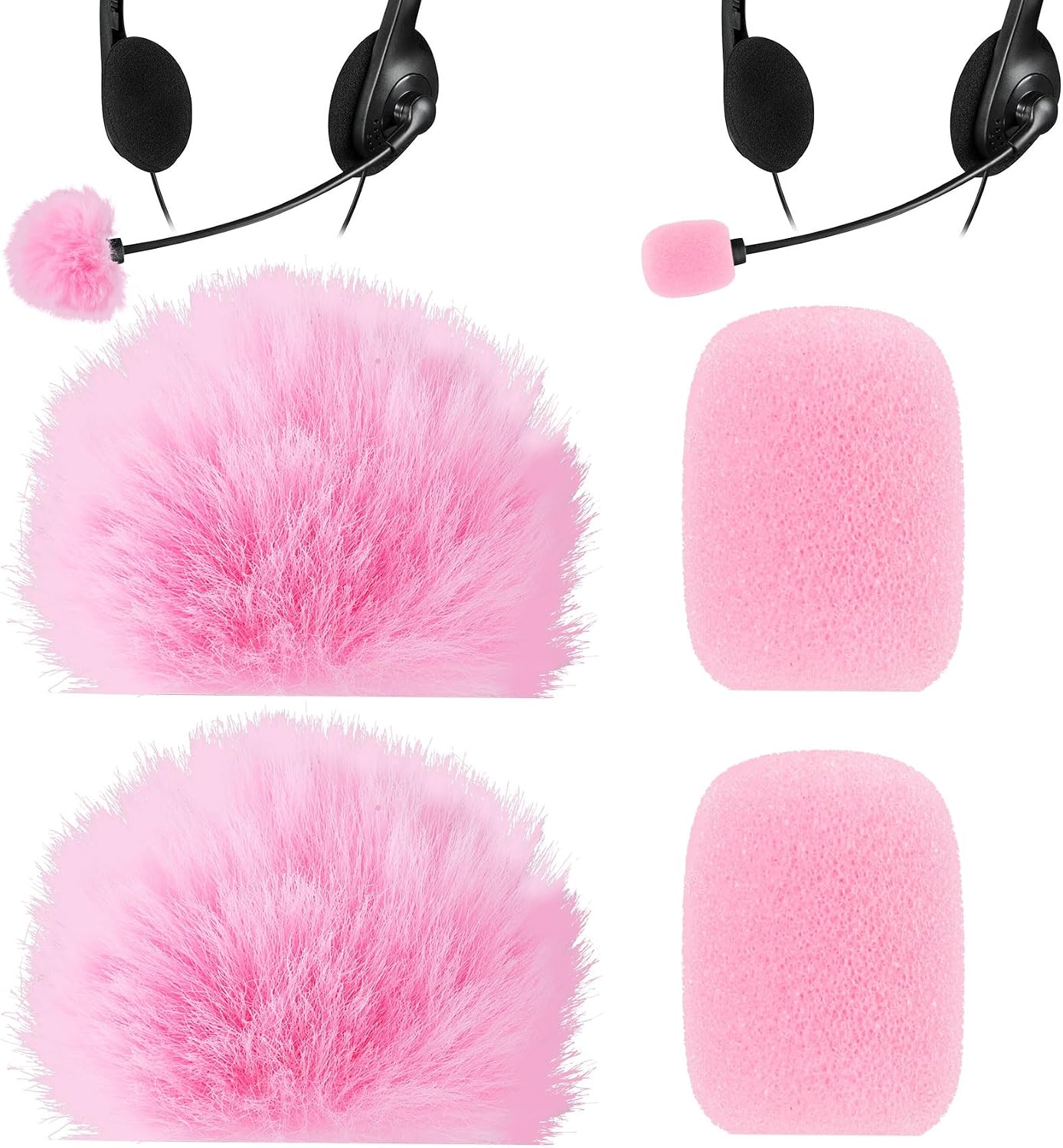 PAGOW 4Pcs Mini Foam Microphone Windscreens＆Furry Cover, Mic Headset Cover | Pink High Density Lapel Microphon